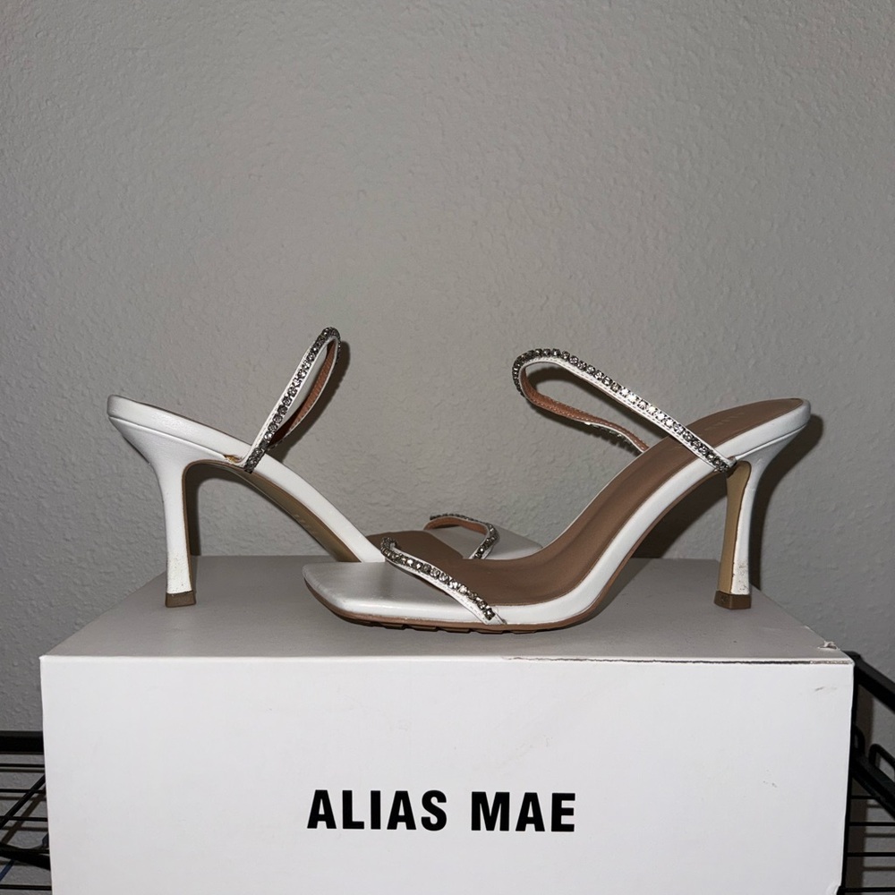 Alias Mae White Satin Heeled Sandals with Rhinestone Straps